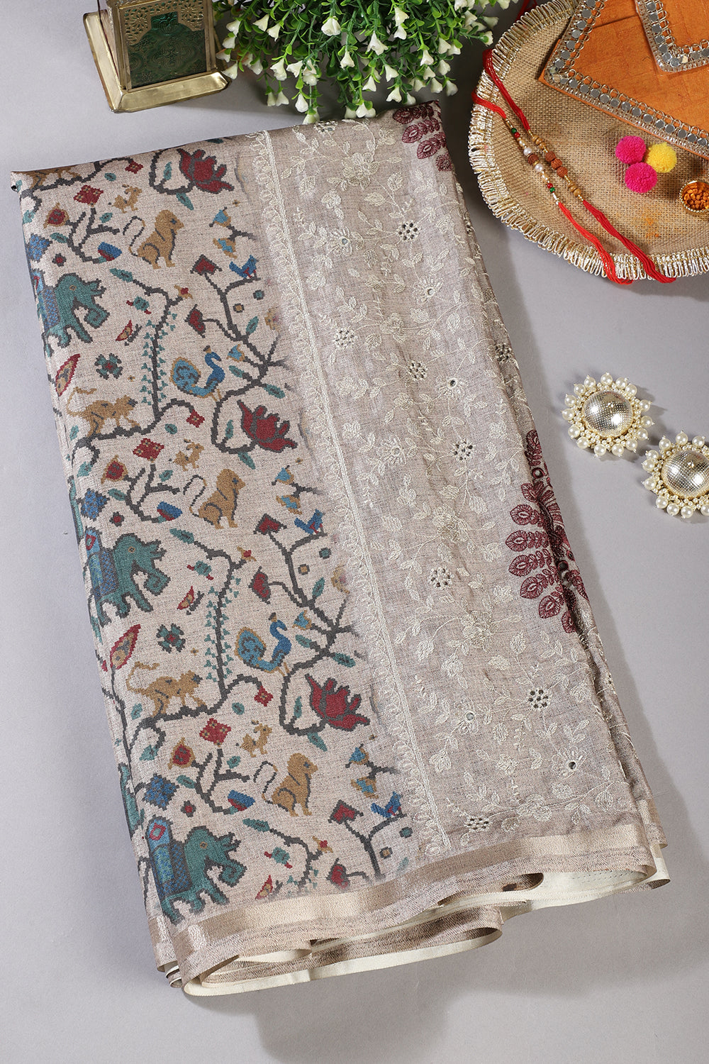 Beige Tussar Silk Printed Saree