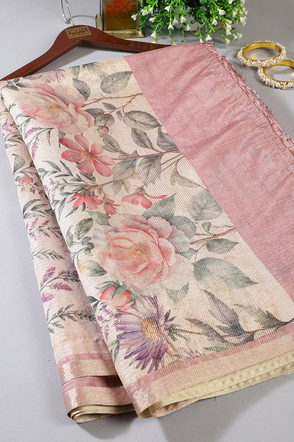 Beige & Pink Metallic Tissue Floral Printed Saree