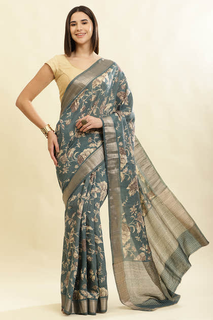 Sea Green Cotton Silk Floral Printed & Zari Border Saree