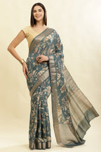 Sea Green Cotton Silk Floral Printed & Zari Border Saree