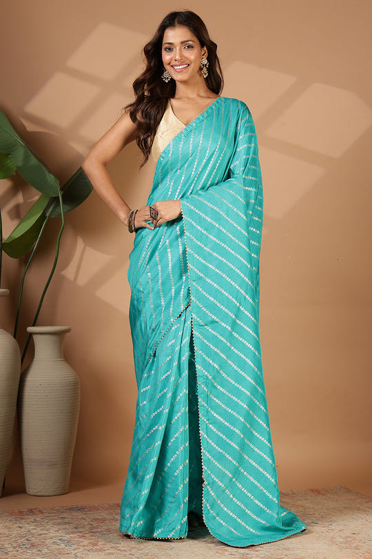 Turquoise  Modal Silk Saree with Zari Pinstripes