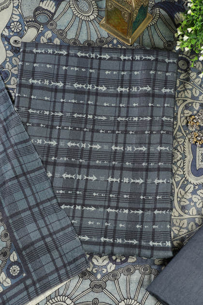Blue Printed Spun Unstitched Suit Fabric