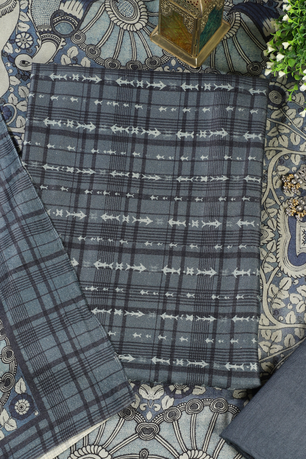 Blue Printed Spun Unstitched Suit Fabric