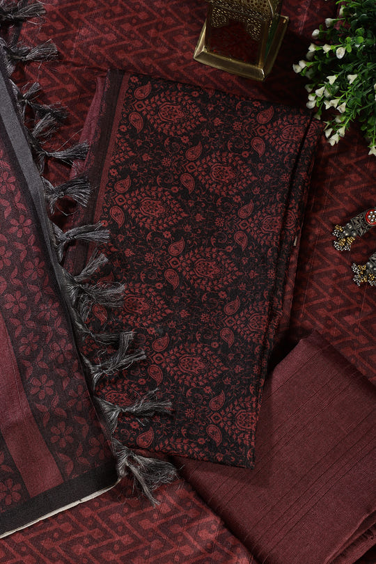 Maroon And Black Digital Printed Chanderi Cotton Unstiched Suit Material