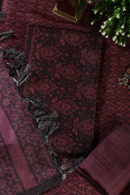 Wine And Black Digital Printed Chanderi Cotton Unstiched Suit Material