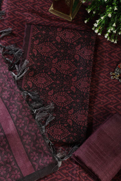 Wine And Black Digital Printed Chanderi Cotton Unstiched Suit Material