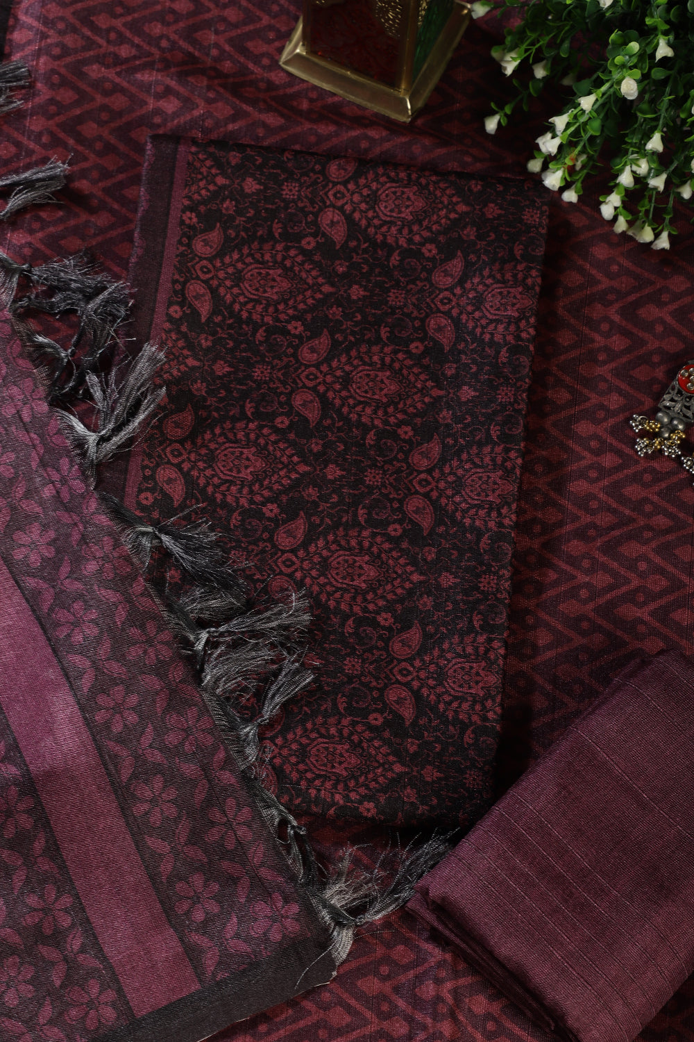 Wine And Black Digital Printed Chanderi Cotton Unstiched Suit Material