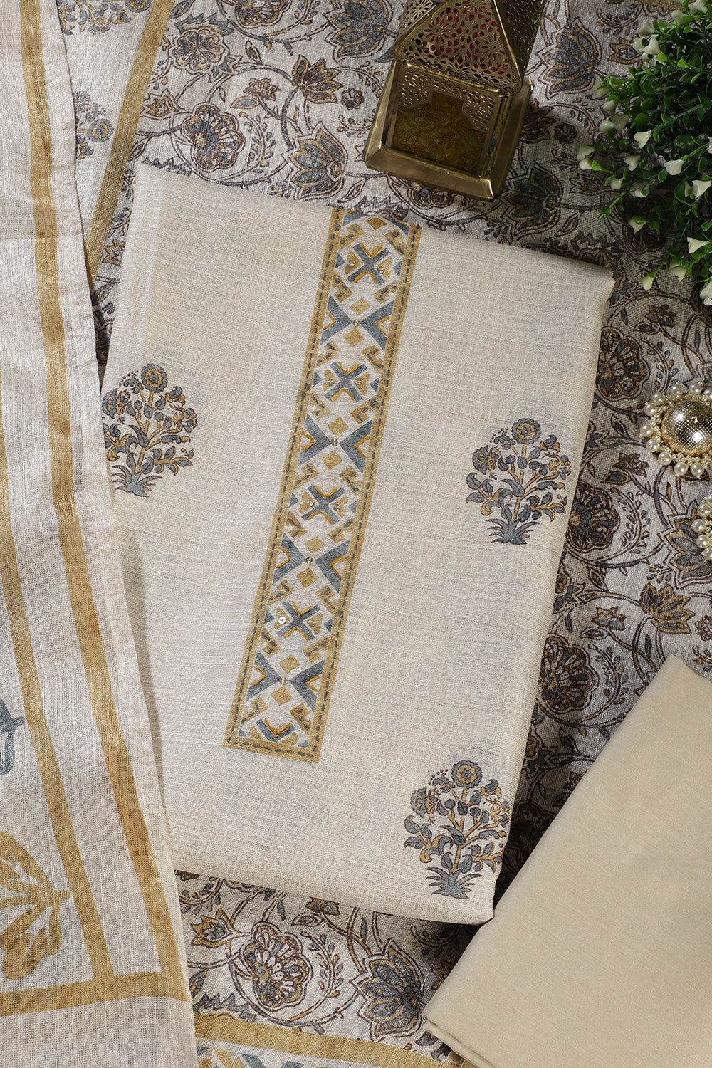 Cream Chanderi Cotton Printed Unstitched Suit Material