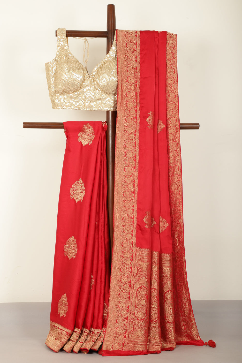 Red Satin Woven Saree
