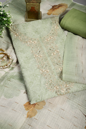 Green Color Linen Cotton Embroidery Unstitched Suit Material