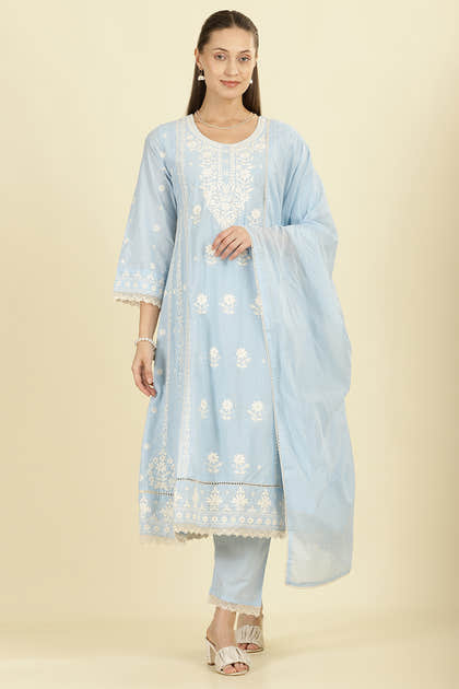 Light Blue Cotton Resham Floral Embroidered Anarkali Suit Set