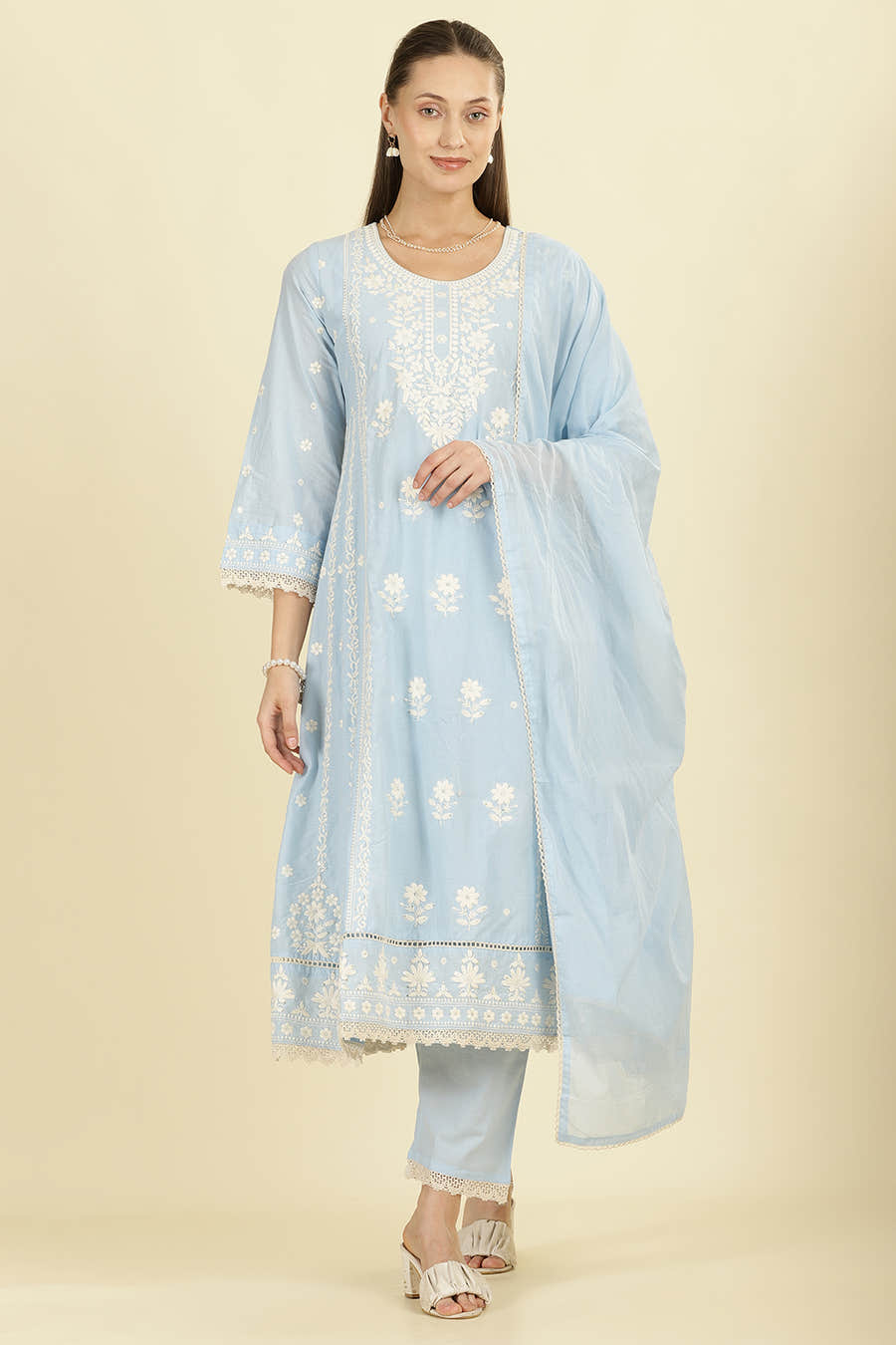 Light Blue Cotton Resham Floral Embroidered Anarkali Suit Set
