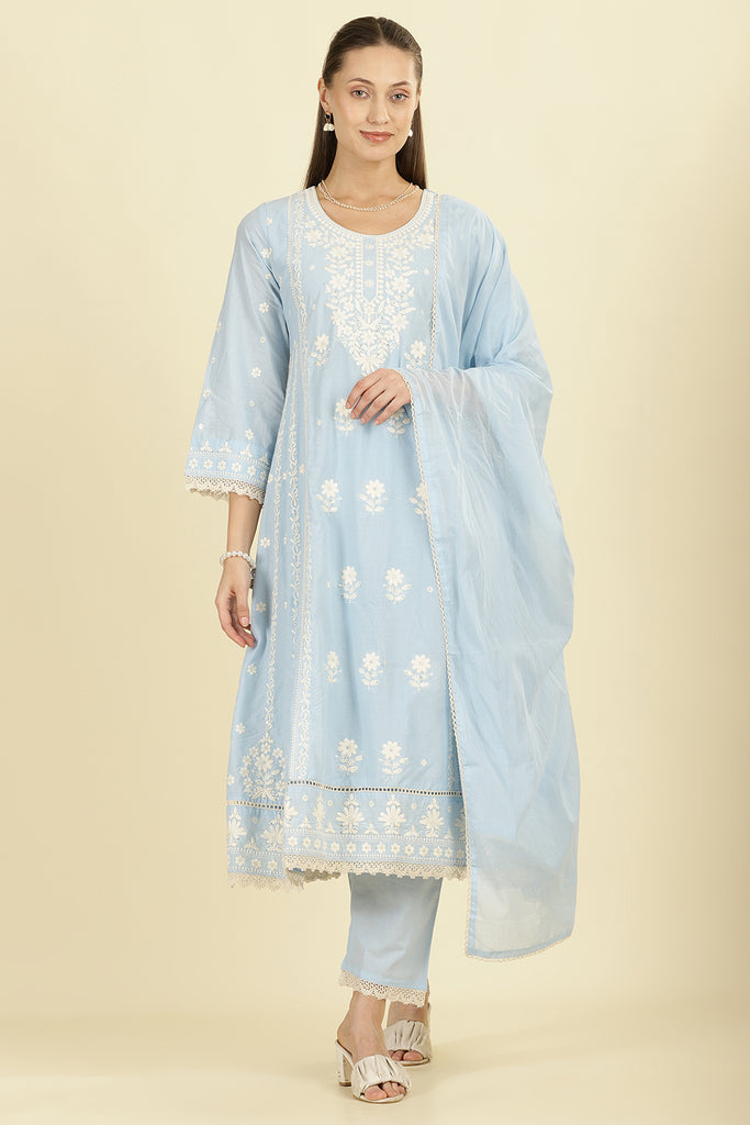 Light Blue Cotton Resham Floral Embroidered Anarkali Suit Set