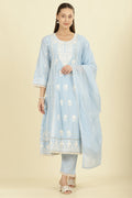 Light Blue Cotton Resham Floral Embroidered Anarkali Suit Set