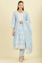 Light Blue Cotton Resham Floral Embroidered Anarkali Suit Set