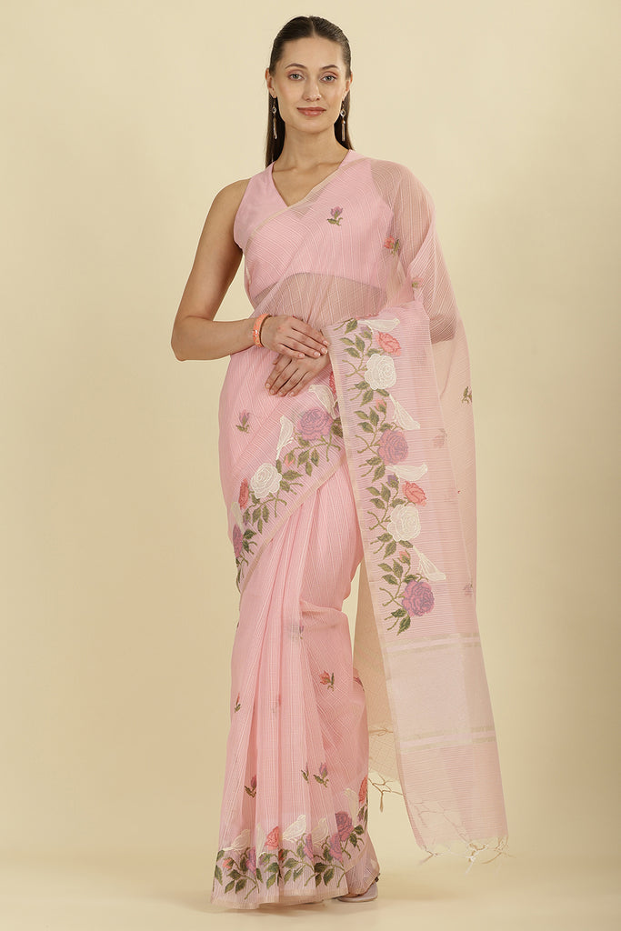 Pink Kota Cotton Floral Resham Embroidered And Zari Woven Saree