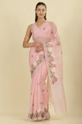 Pink Kota Cotton Floral Resham Embroidered And Zari Woven Saree