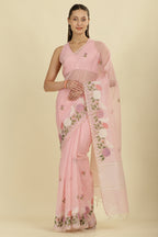 Pink Kota Cotton Floral Resham Embroidered And Zari Woven Saree