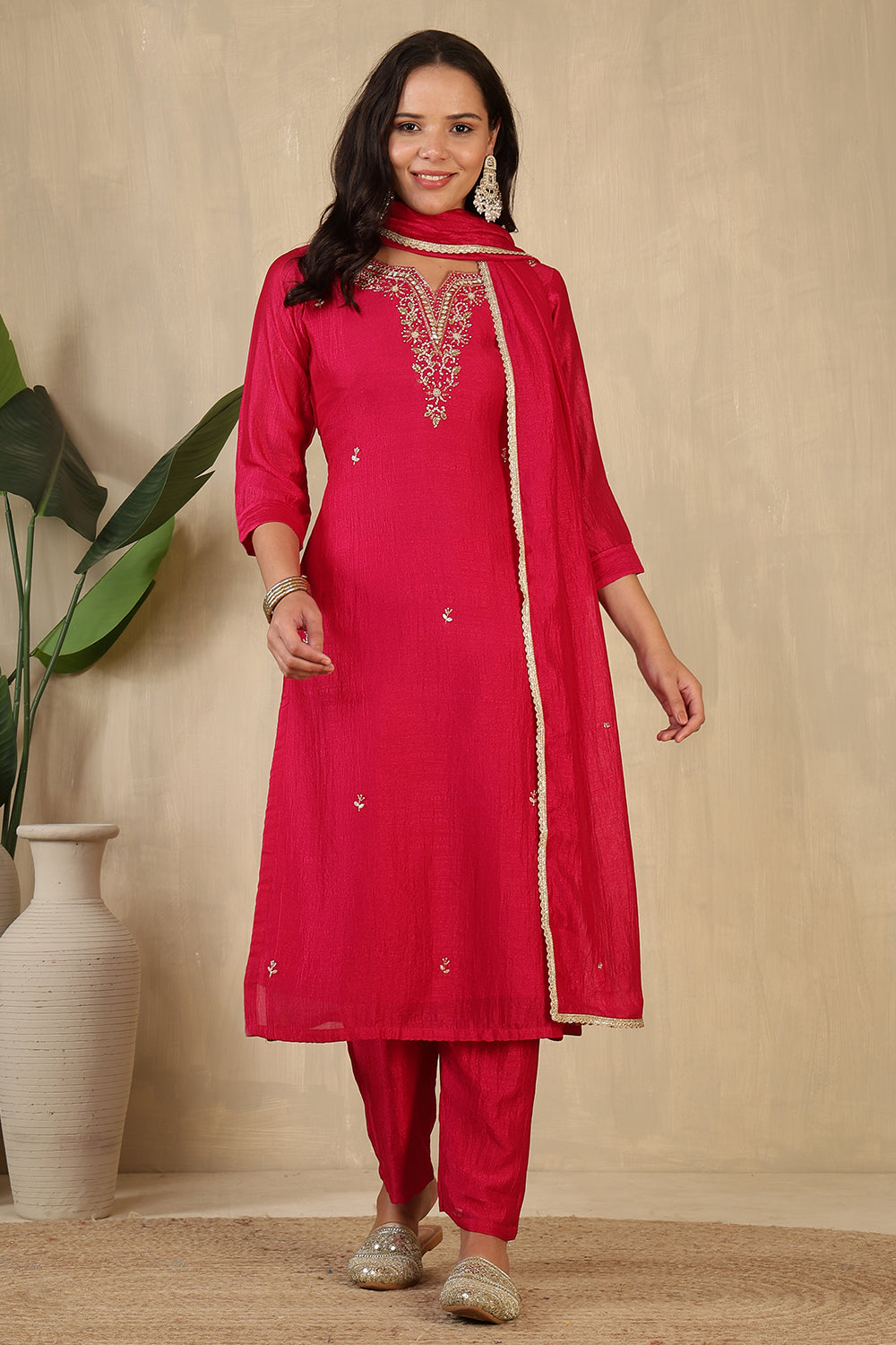 Cherry Red Crepe Silk Neck Embroidered Suit