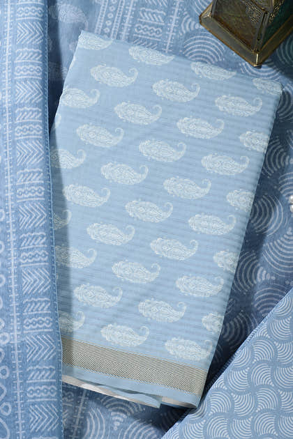 Light Blue Cotton Boota Block Print Unstitched Suit Fabric