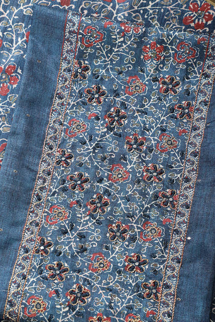 Pacific Blue Chanderi Silk Mirror & Resham worked Unstitched Suit