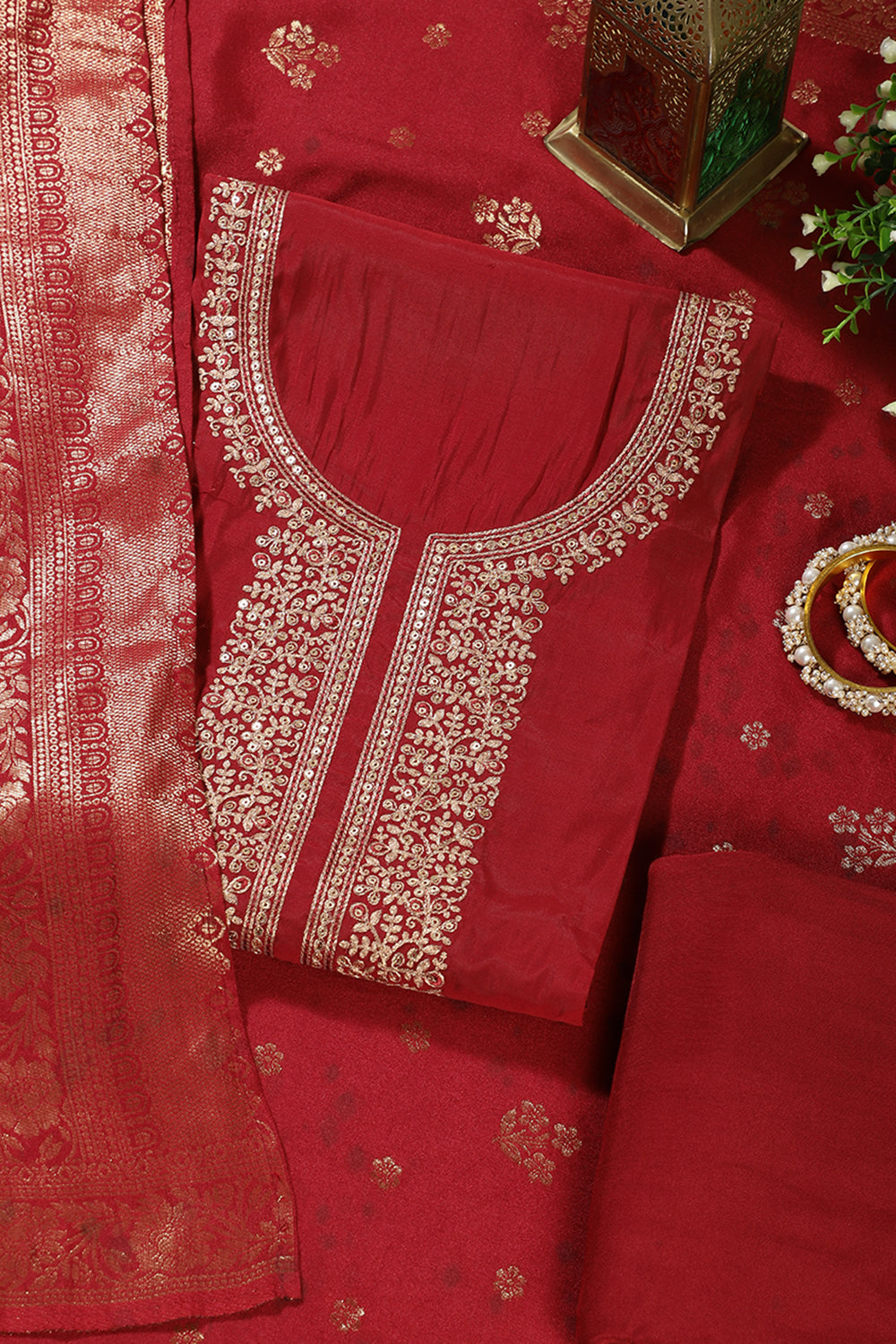 Maroon Silk Neck Zari Embroidered Unstitched Suit Material