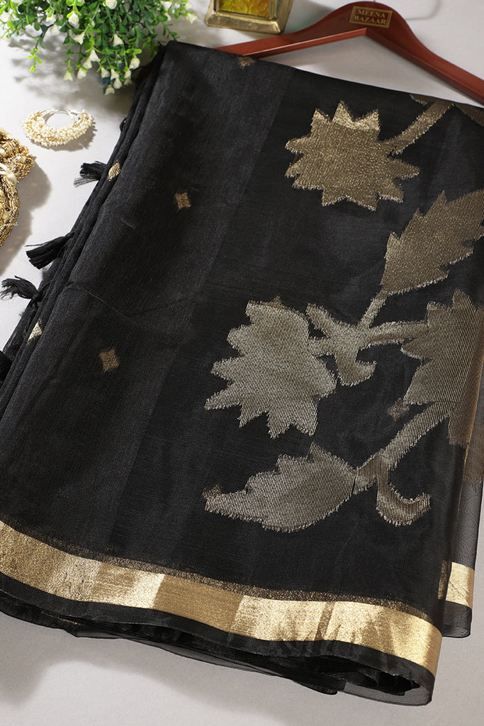 Black Tussar Silk Floral Zari Woven Saree