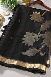 Black Tussar Silk Floral Zari Woven Saree