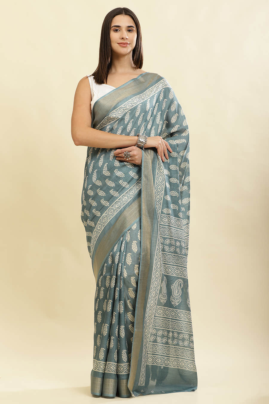 Firozi Color Cotton Silk Boota Printed And Zari Woven Saree
