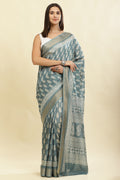 Firozi Color Cotton Silk Boota Printed And Zari Woven Saree