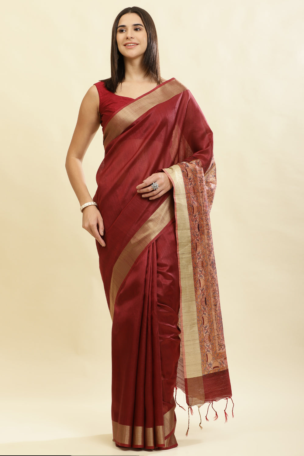 Maroon Color Cotton Silk Madhubani Print Saree