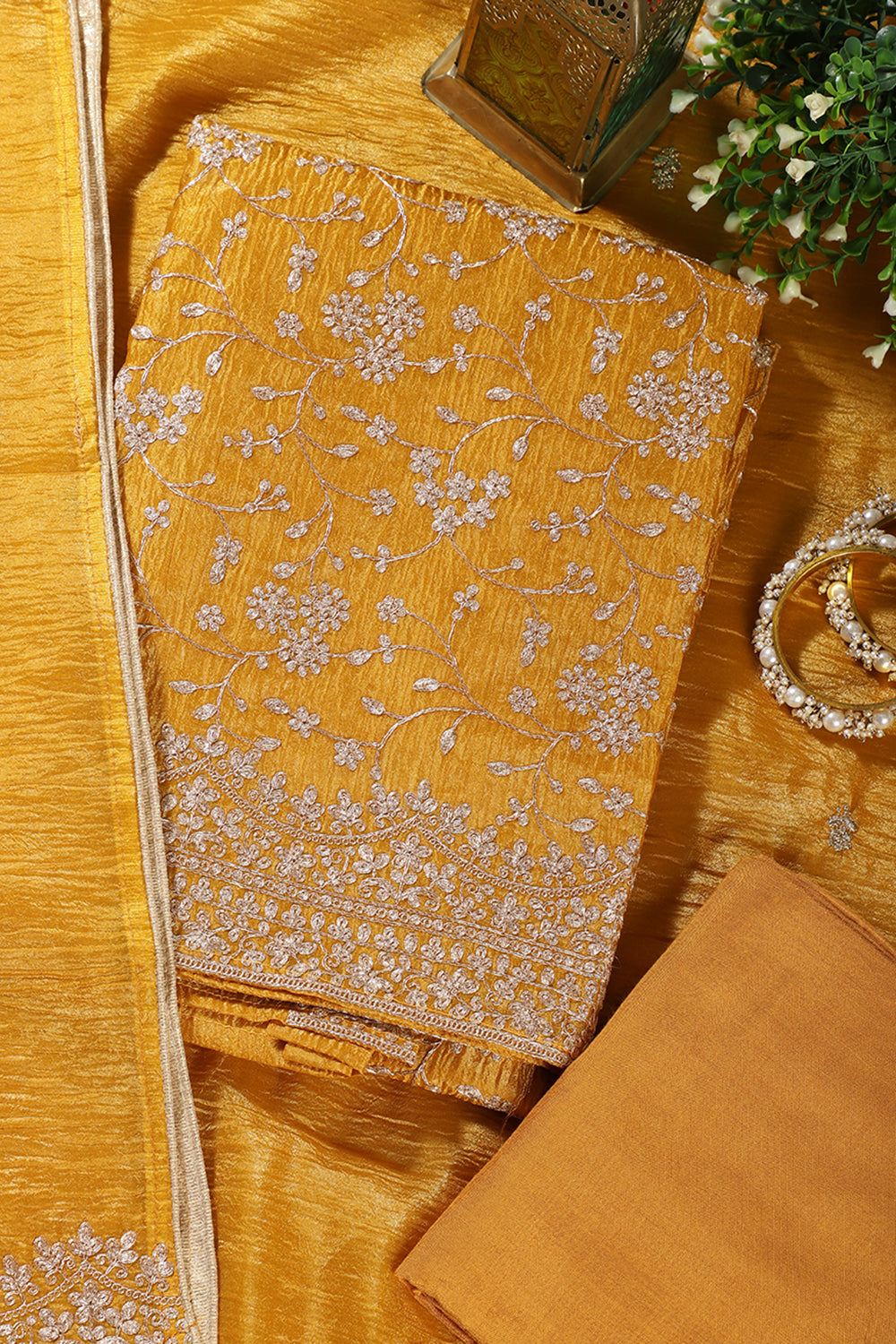 Mustard Tissue Silk Zari Embroidered Unstitched Suit Material