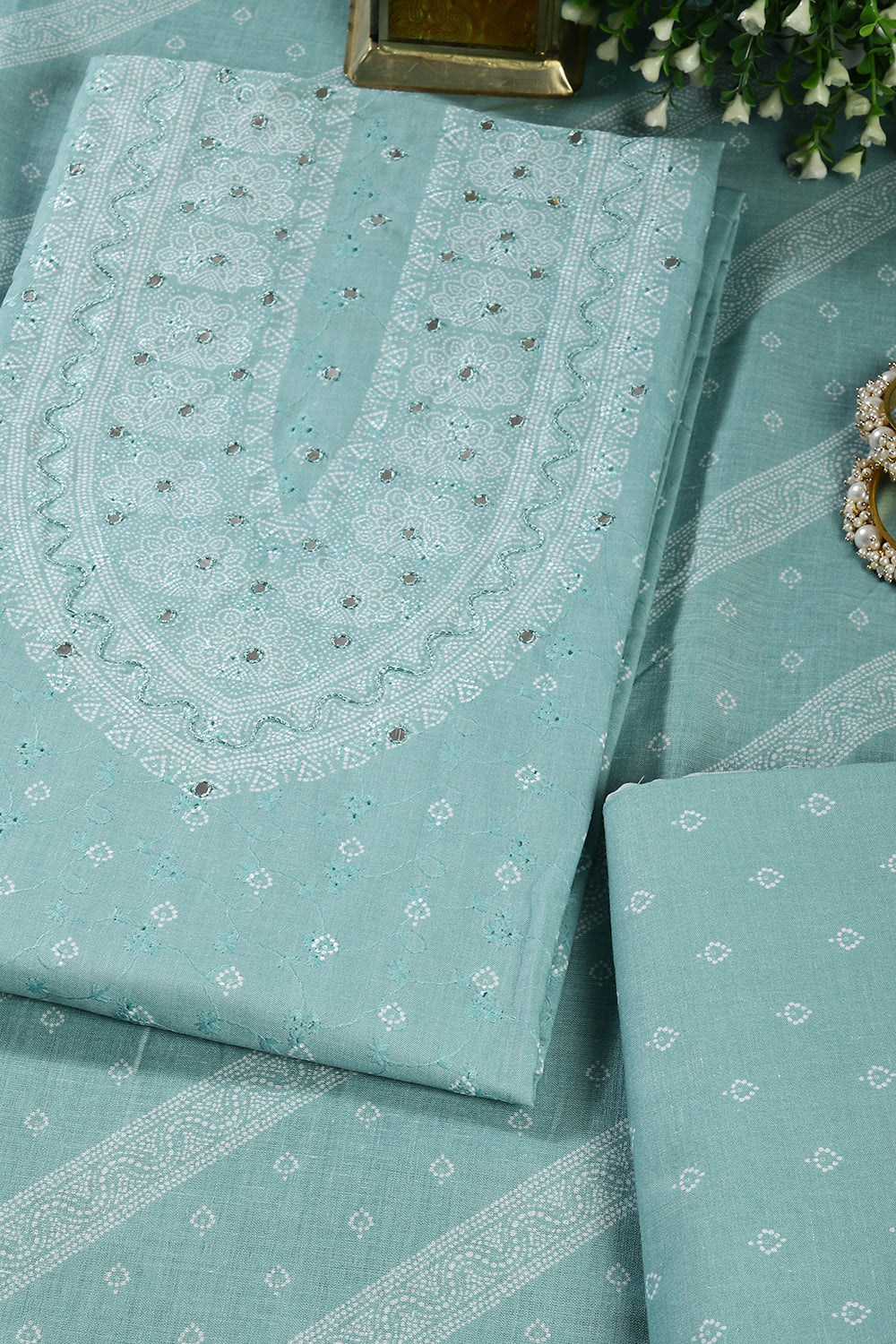 Sea Green Color Printed & Resham Embroidered Unstitched Suit