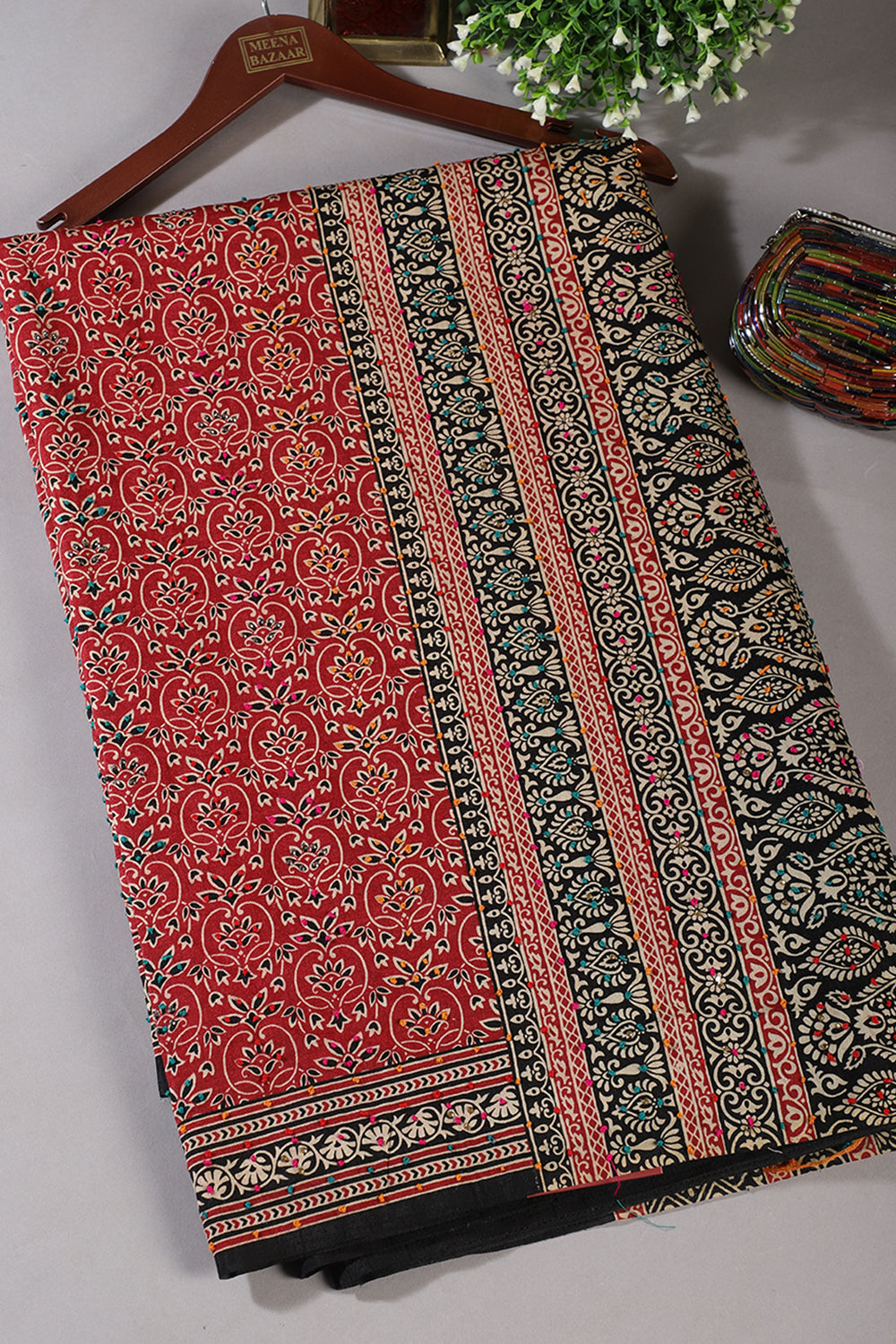 Maroon Silk Printed And Hand-Knot Work Saree