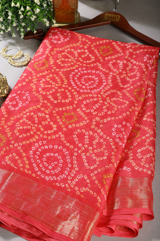Coral Pink Color Chiffon Bandhani Printed Saree