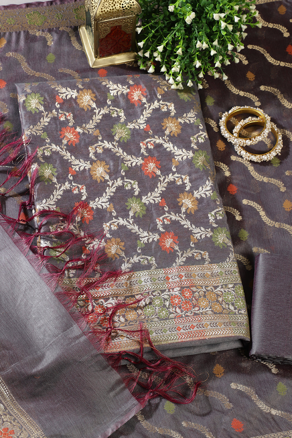 Grey Chanderi Silk Resham And Zari Woven Unstitched Suit Material