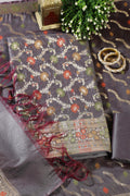 Grey Chanderi Silk Resham And Zari Woven Unstitched Suit Material