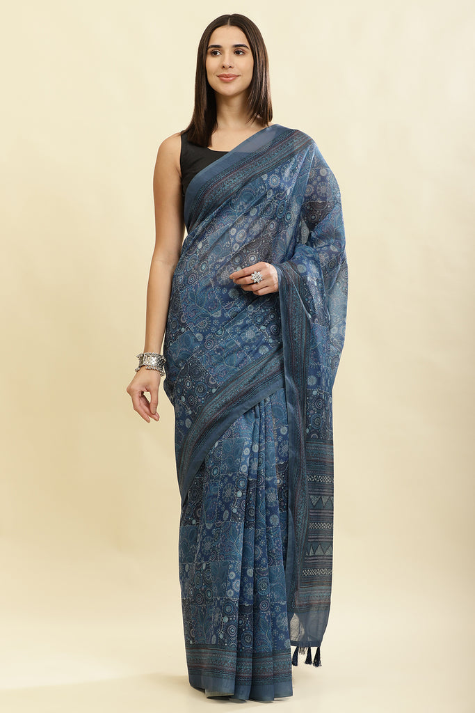 Blue Cotton Silk Printed Saree