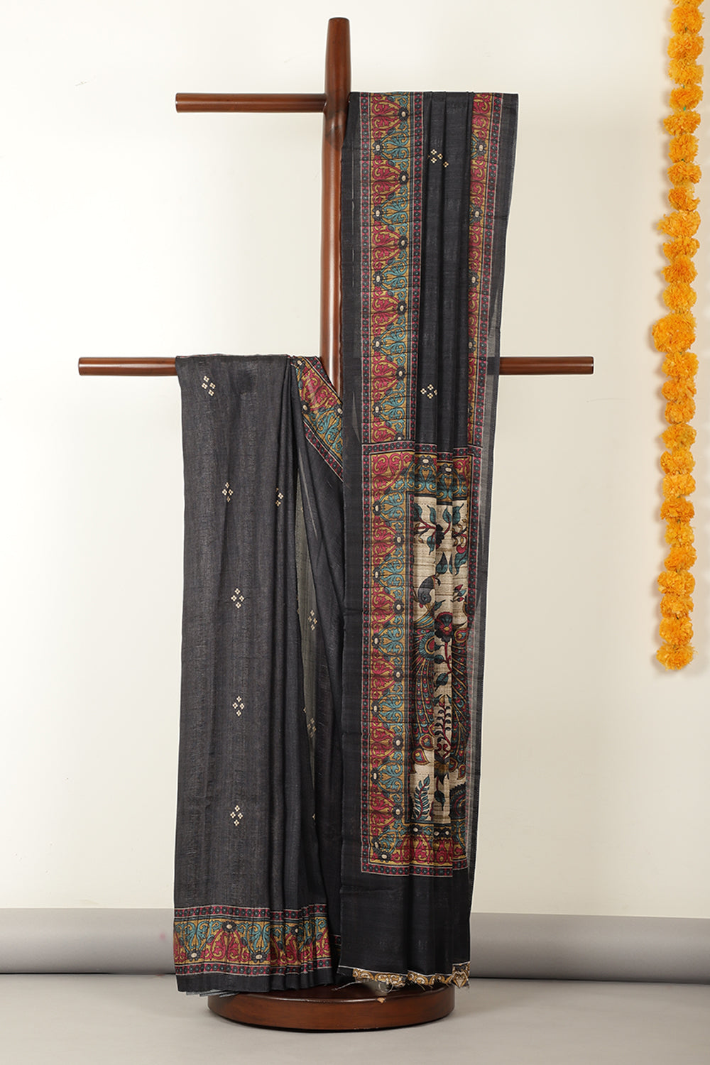 Black Madhubani Printed Tussar Silk Saree