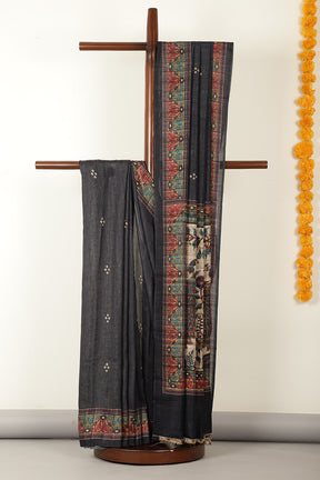 Black Madhubani Printed Tussar Silk Saree