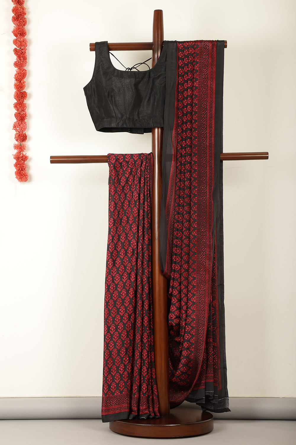Black Floral Printed Crepe Saree