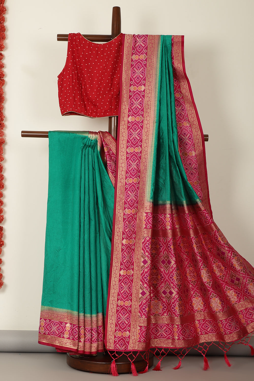 Teal & Magenta Dual Toned Tussar Silk Patola Woven Saree