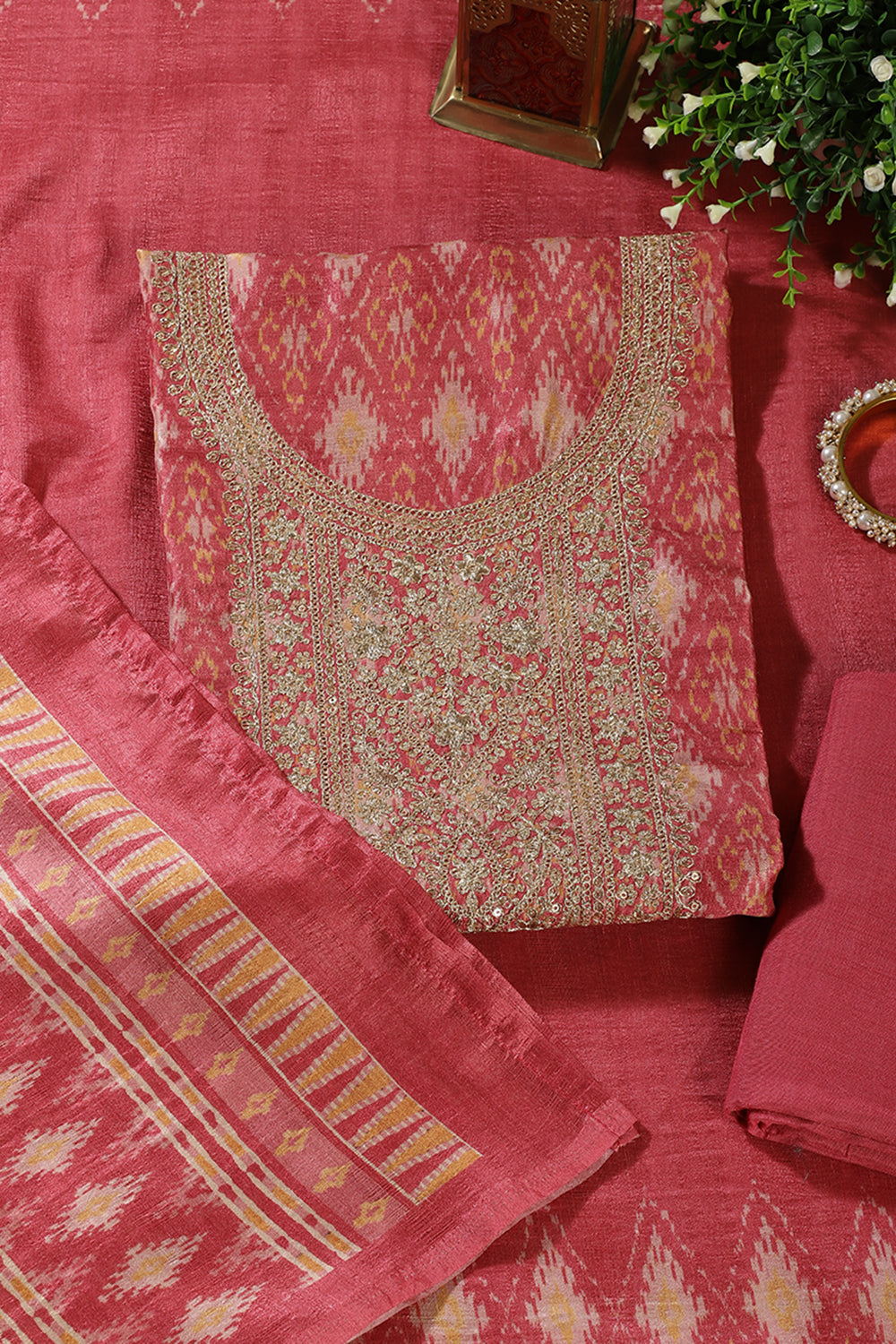 Dusty Pink Chanderi Silk Neck Embroidered Unstitched Suit Material