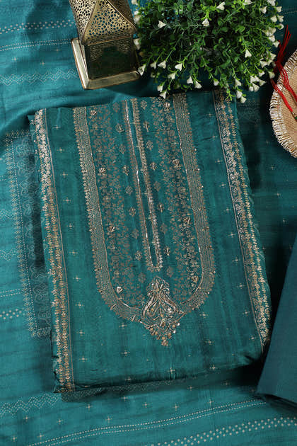 Teal Silk Zari Woven And Bandhani Printed Unstitched Suit Fabric