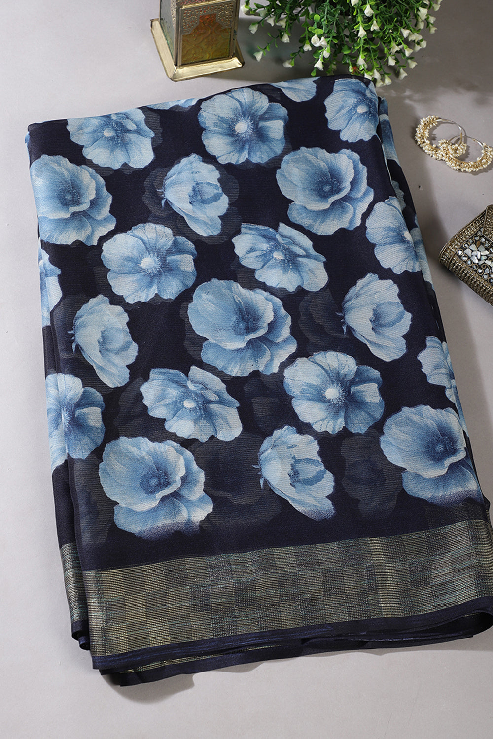 Blue Chiffon Floral Printed Saree