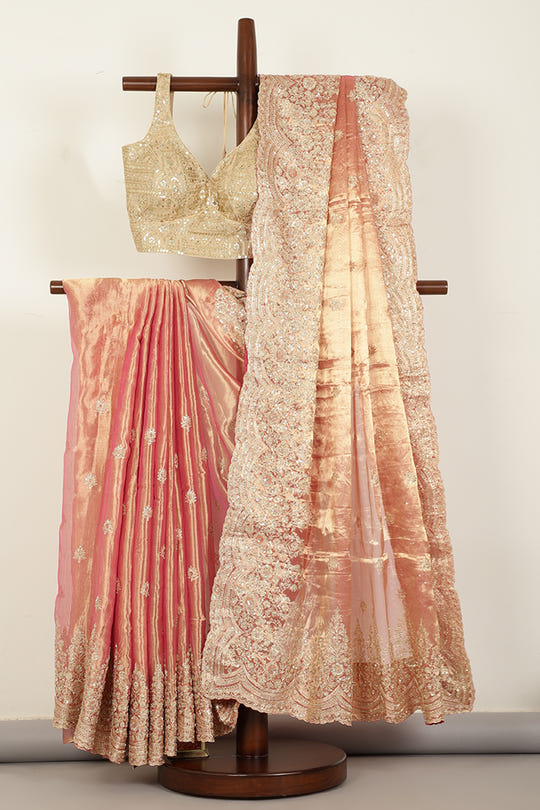 Rani Color Pure Tissue Silk Zardozi & Sequence Handwork Saree with Scalping Border