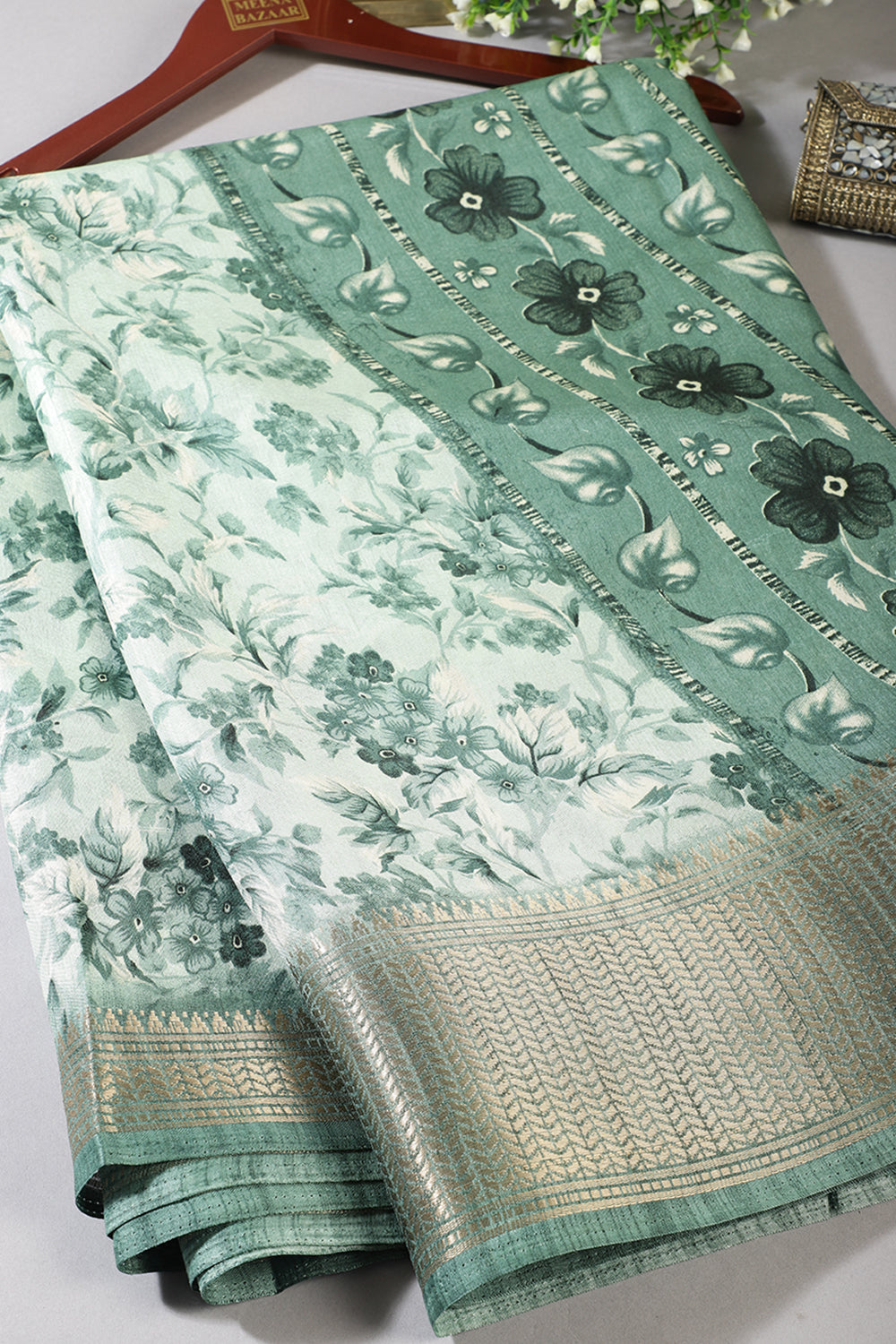Sea Green Floral Printed Cotton Silk Saree