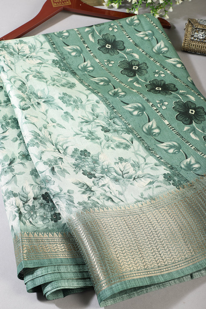 Sea Green Floral Printed Cotton Silk Saree
