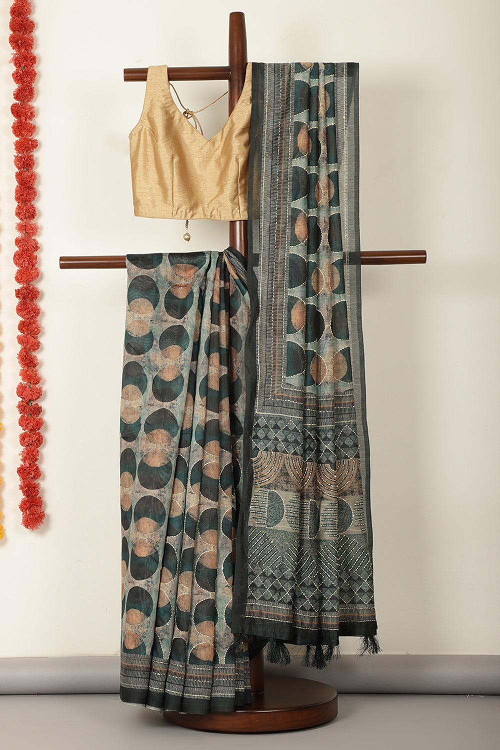 Teal & Green Cotton Block Printed Saree