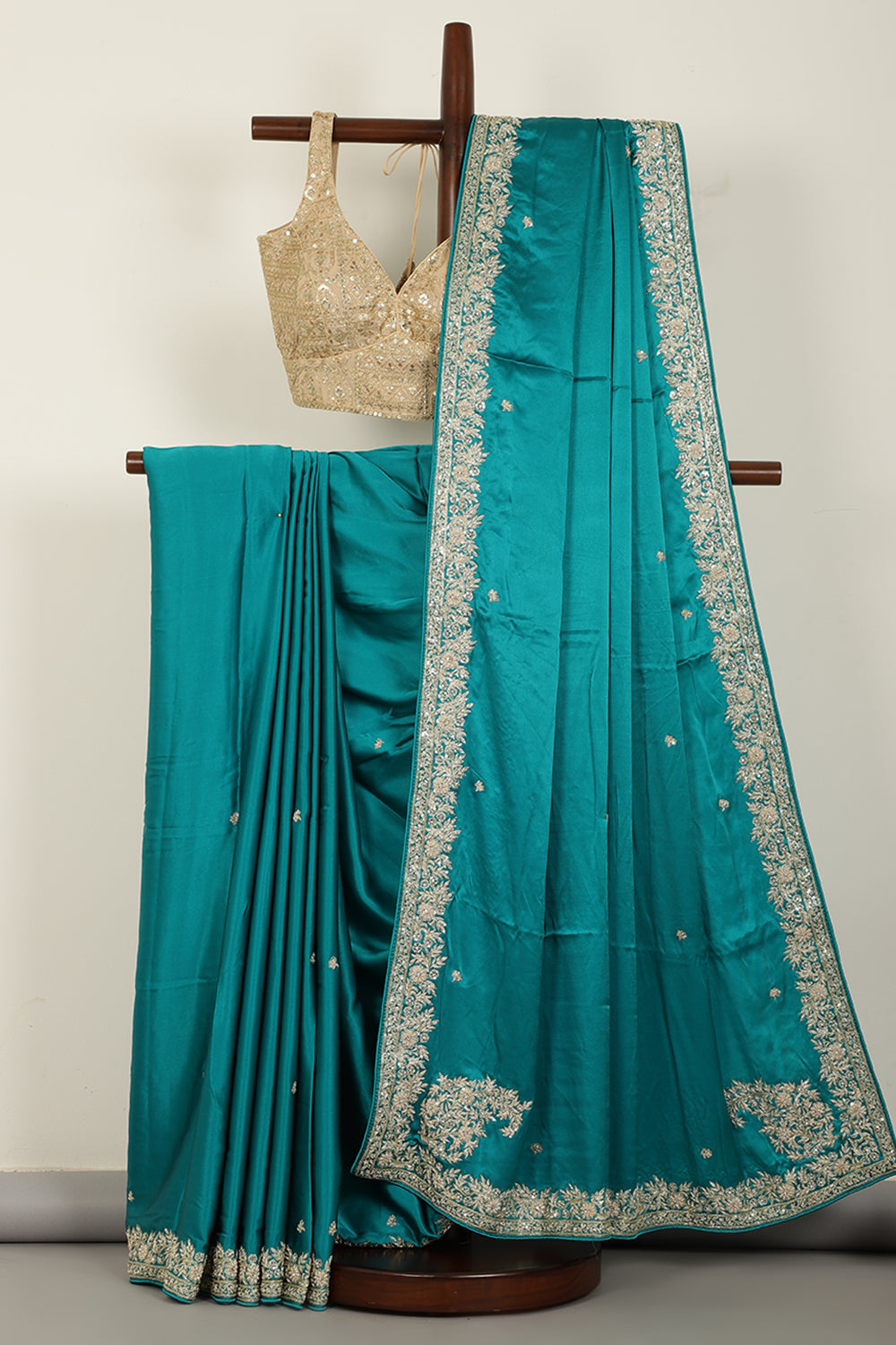 Firozi Colr Pure Satin Crepe Saree with Zardozi Handwork